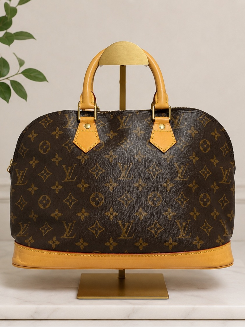 Louis Vuitton Brown Monogram Alma Satchel with Tan Trim